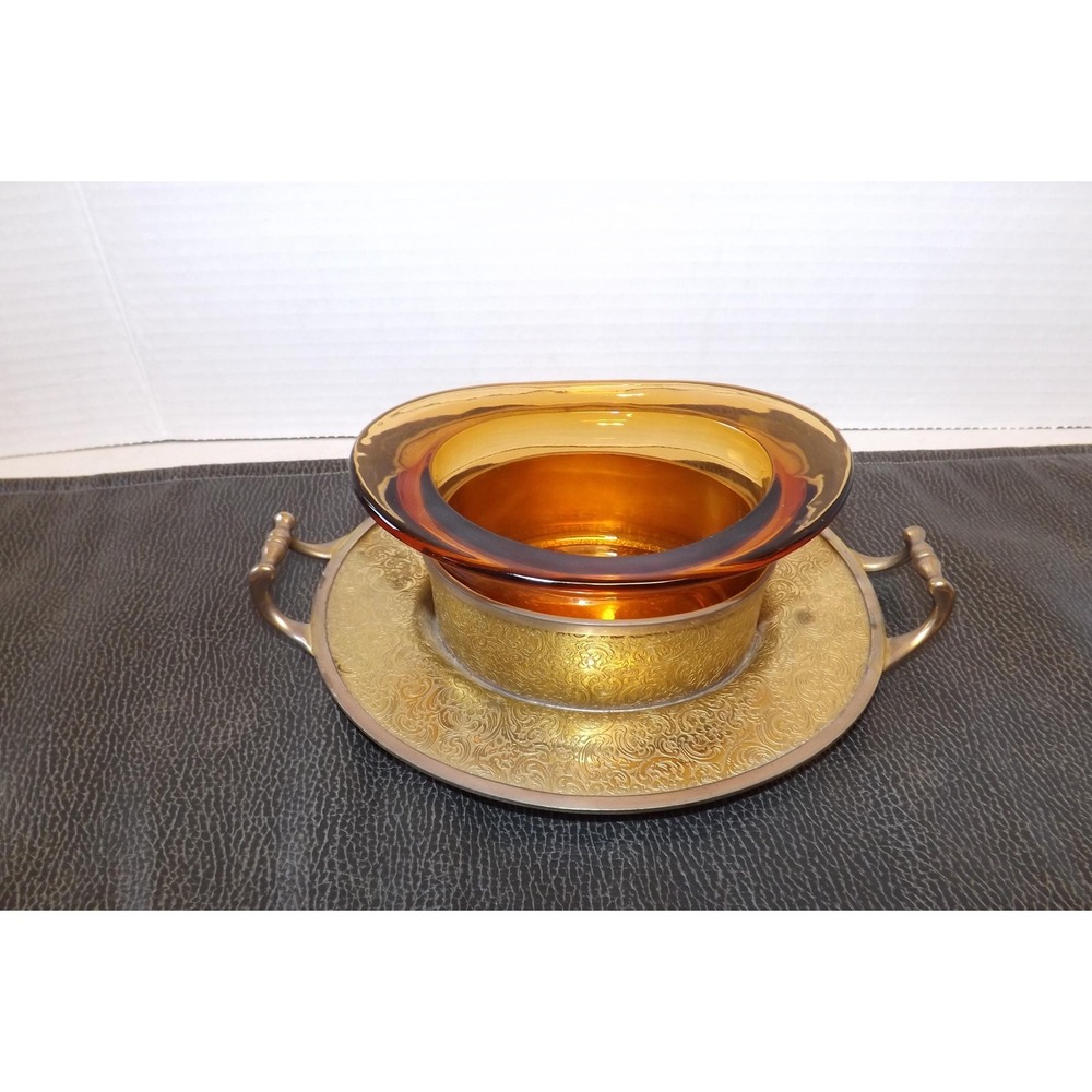 Vintage Brocade Brass & Amber Glass Candy Dish - Hollywood Regency Server